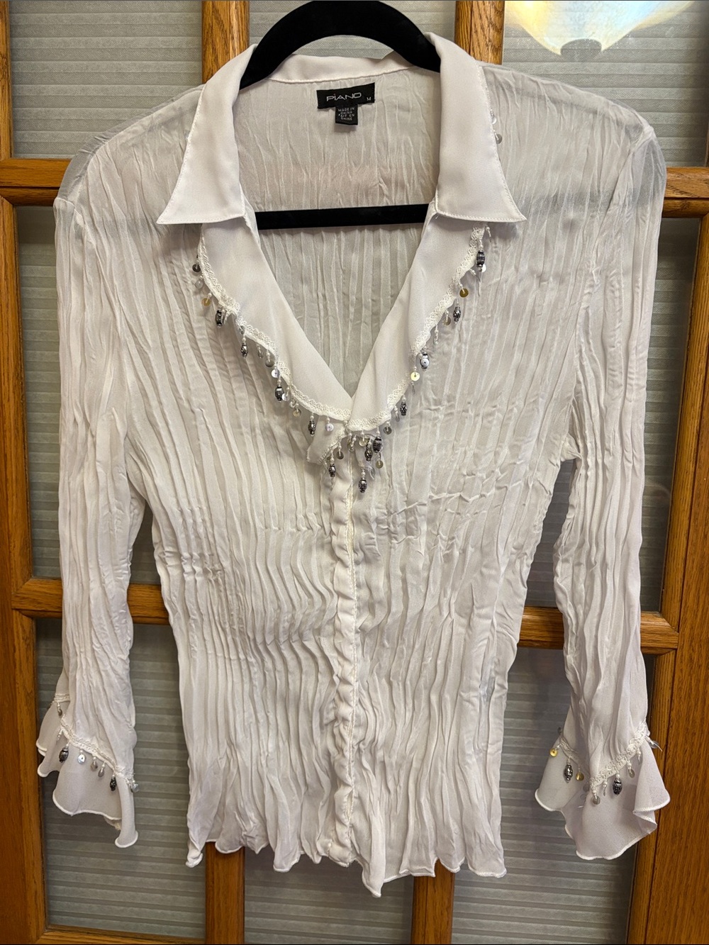 EUC Ruffled Embellished Snap Front Semisheer Blouse